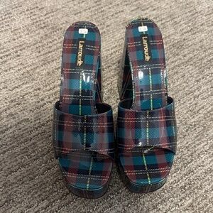 LARROUDE NEW Women’s Plaid Open-Toe Block Heel Sandals - Navy/Burgundy